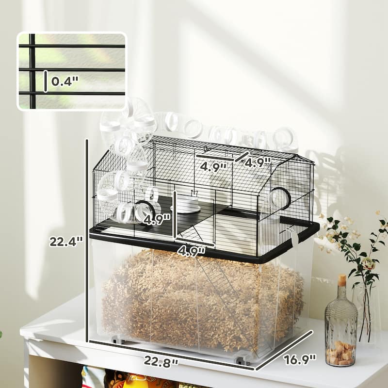 PawHut Large Hamster Cage with 12" Deep Tray, 2 Tier Gerbil Cage with Tube System, Water Bottle, Ramp, Black