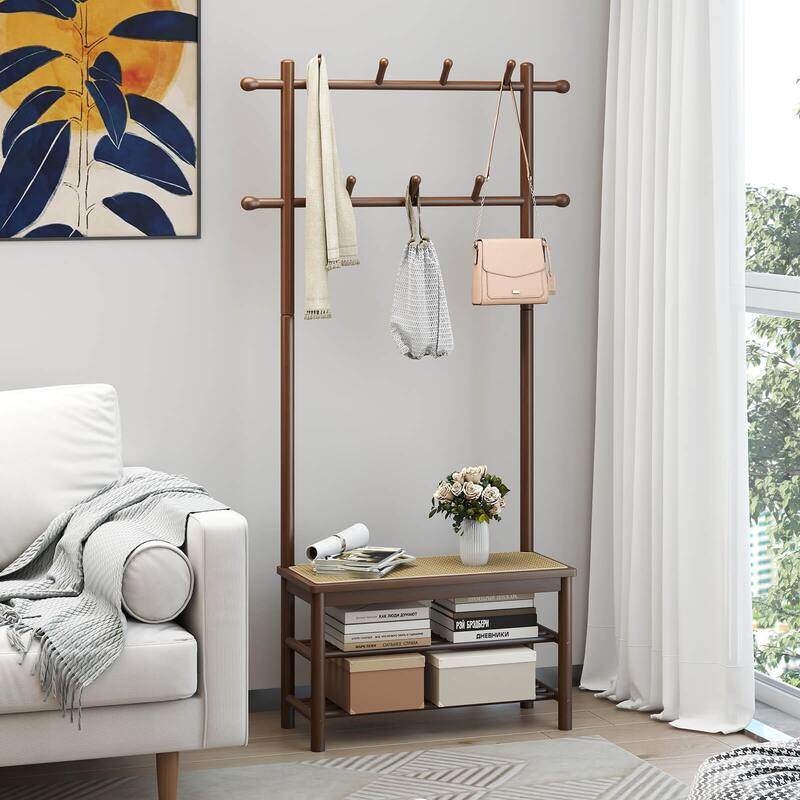 Costway Bamboo Coat Rack with Bench Shoe Storage 2 Hanging Rods 11 - See Details