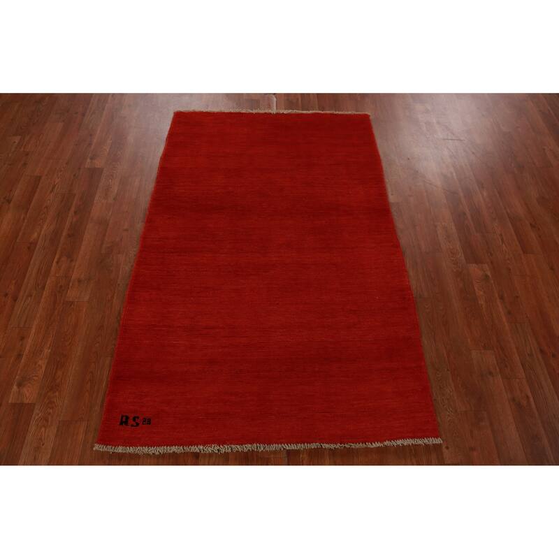 Red Modern Gabbeh Oriental Rug Hand-Knotted Wool Carpet - 3'3" x 4'11"