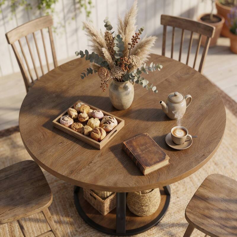 39 Inch Small Round Dining Table for 2-4 People, 3-Tier Round Pedestal Dining Table with Srorage for Kitchen / Dining Room