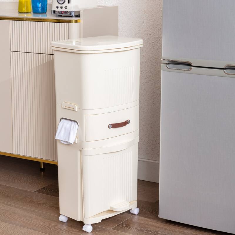 Javlergo Beige Trash Can with Dual Inner Bins Foot Peda lStorage Drawer and 4 Universal Wheels for Kitchen Bathroom Living Room
