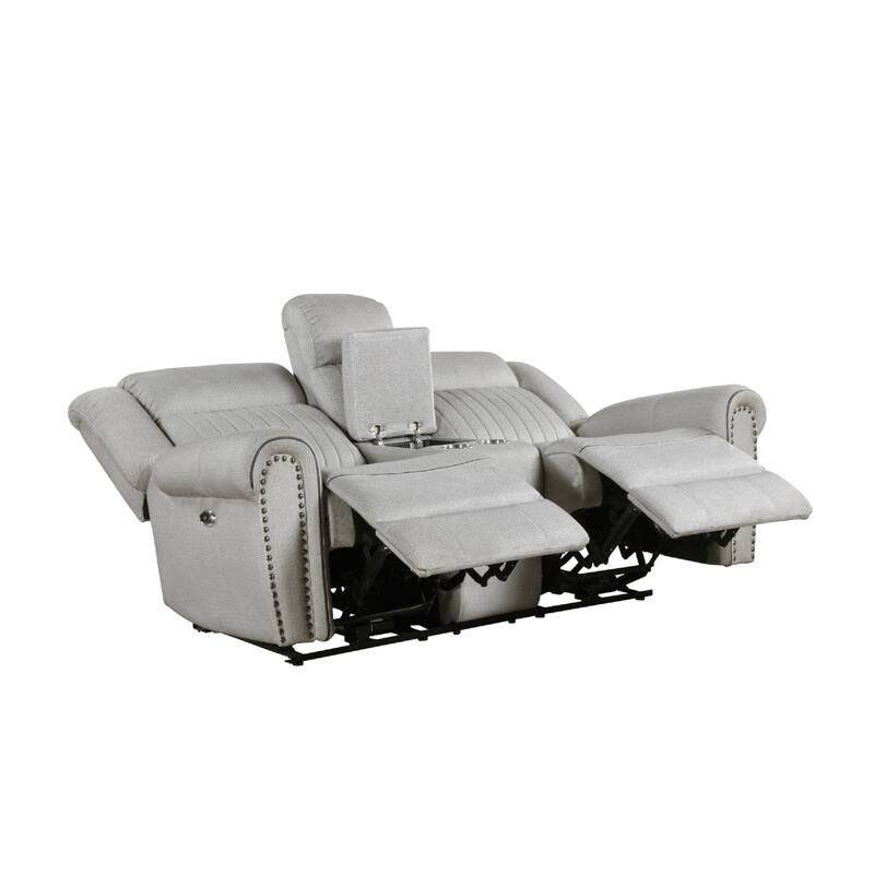 Ben Power Reclining Loveseat, 76 Inch, Gray Microfiber, Nailhead Trims