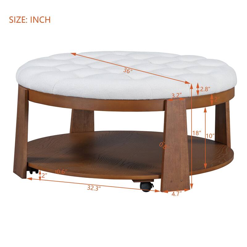 Coffee Table 2-Tier Button Tufted Ottoman with Wood Shelf,Upholstered Coffee Table,Footrest Ottoman with wheel,waterproof Linen