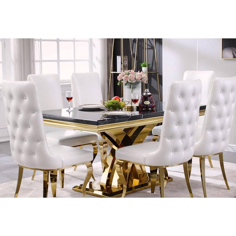 Luxury 65 inch Black and Gold Dining Table with Polished Double X Base