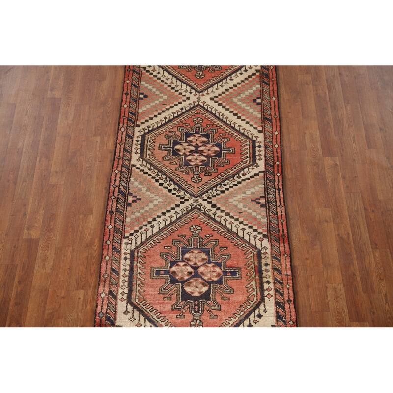 Geometric Bakhtiari Persian Vintage Runner Rug Handmade Wool Carpet - 3'1"x 9'1"