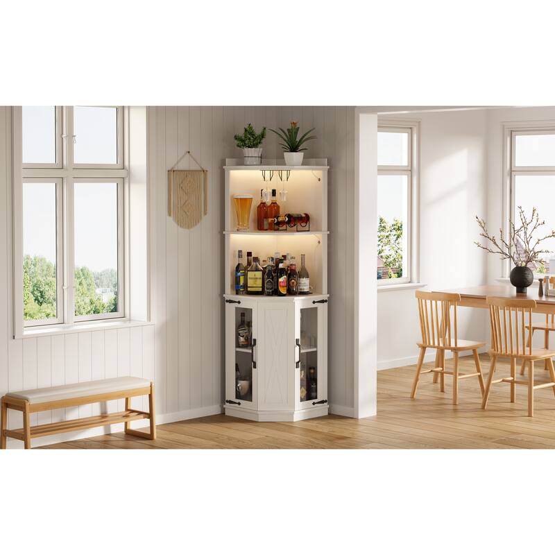 Farmhouse 67.3" Corner Wine Bar Cabinet with Power Outlet and Adjustable Shelves