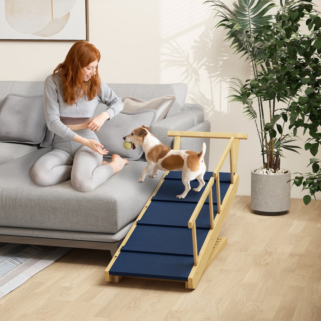 PawHut Dog Ramp, Adjustable 4 Height Pet Ramp, Foldable Wooden Dog Stairs with Non-slip Ma, Natural Wood Finish - medium
