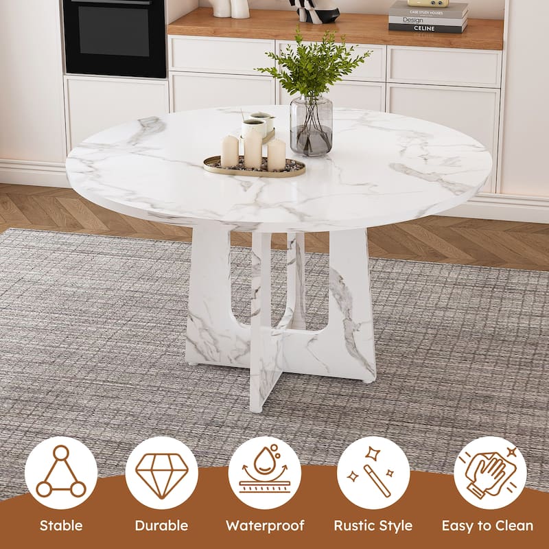 47.24" Round Dining Table for 4 - Farmhouse MDF Table with Marble White Finish, 300lb Capacity, Easy Assembly for Dining Room