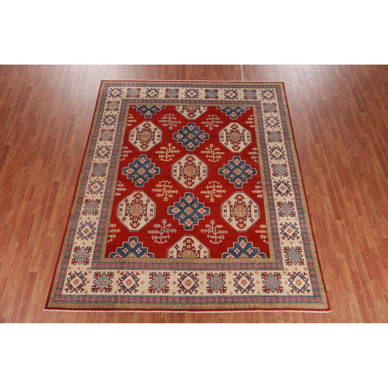Hand Knotted Oriental 100% Wool Carpet Traditional Geometric Red Kazak Area Rug - 9' 8'' X 7' 11''