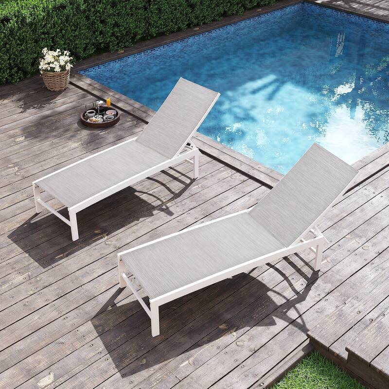VredHom Outdoor Aluminum Adjustable Chaise Lounge Chairs (Set of 2) - 60.4 in L * 24.6 in W * 16.1/40.8 in H - White&Gray&Blue