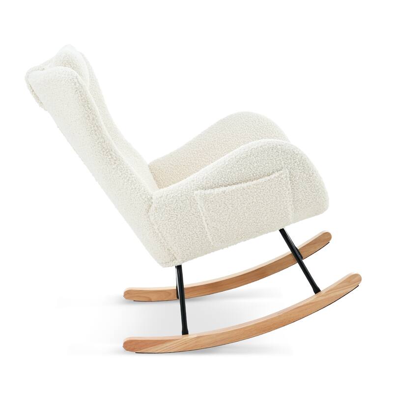 Rocking Chair Nursery, Teddy Upholstered Rocker Glider Chair with High Backrest, Adjustable Headrest & Pocket,Comfy Glider Chair