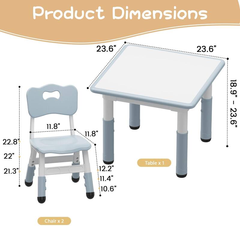 Kids Table and 2 Chairs Set, Height Adjustable Toddler Table and Chair Set