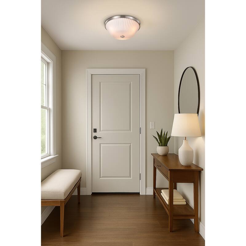 Royale 3 Light Flush Mount Brushed Nickel Finish Ribbed White Glass - Brushed Nickel