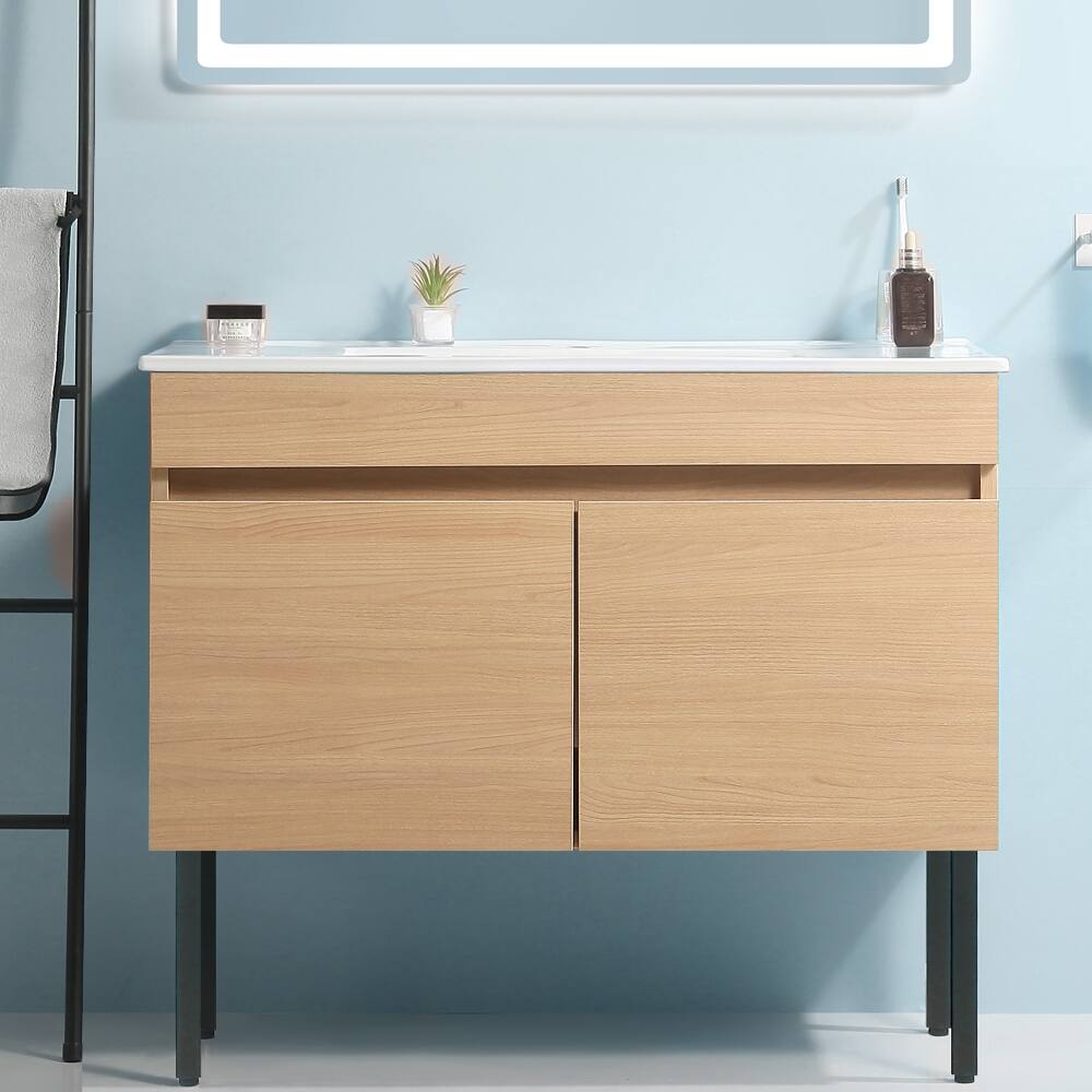 36" Wall Mounted Bathroom Vanity Metal Leg with White Ceramic Basin
