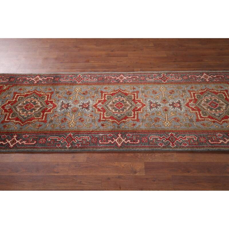 Gray Geometric Kazak Oriental Runner Rug Handmade Wool Carpet - 2'6"x 7'11"