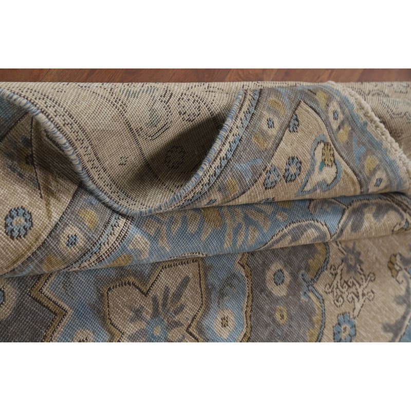 Beige Geometric Tabriz Persian Vintage Rug Hand-Knotted Wool Carpet - 6'3" x 9'1"