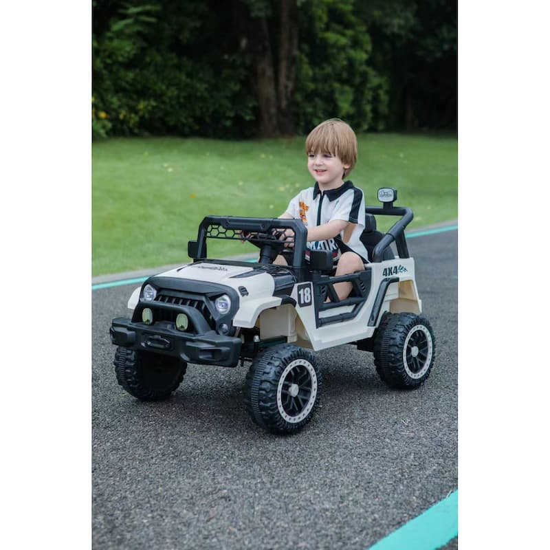 12V Kids Electric Ride-On Car with Remote Control, Black/White, Spring Suspension & LED Lights - White