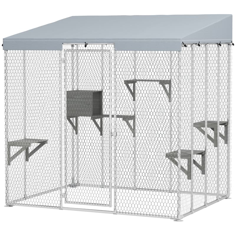 PawHut 79" Large Catio Outdoor Cat Enclosure, Galvanized Steel Outdoor Cat House with 420D Waterproof Canopy, Silver - Silver