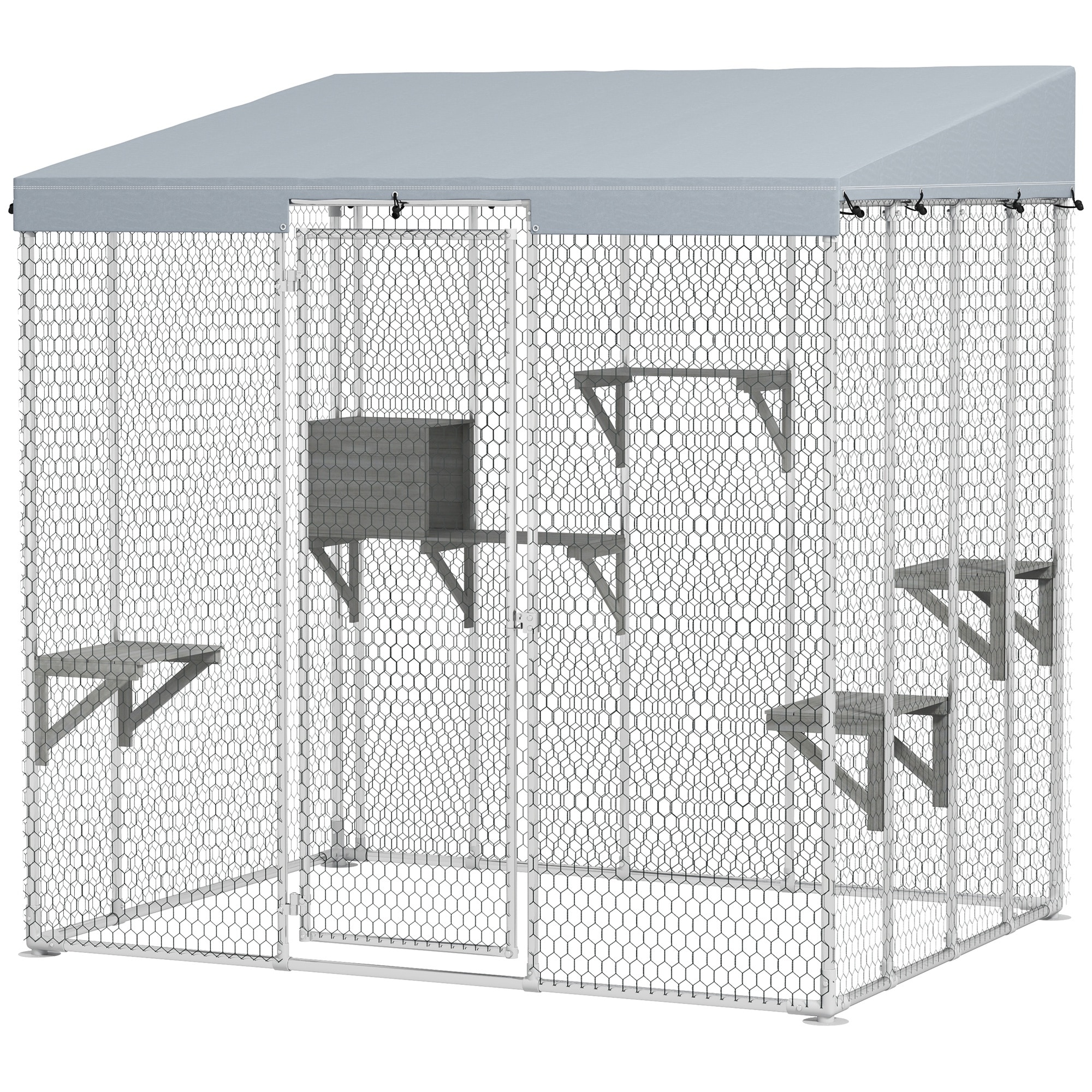 PawHut 79" Large Catio Outdoor Cat Enclosure, Galvanized Steel Outdoor Cat House with 420D Waterproof Canopy, Silver