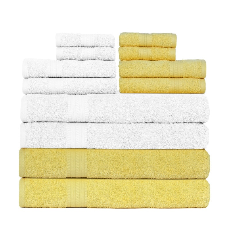 Cotton 600GSM Bathroom Towel Set 12 Pcs Assorted Color by Ample Decor - 4Bath 4Hand 4Wash - White - yellow