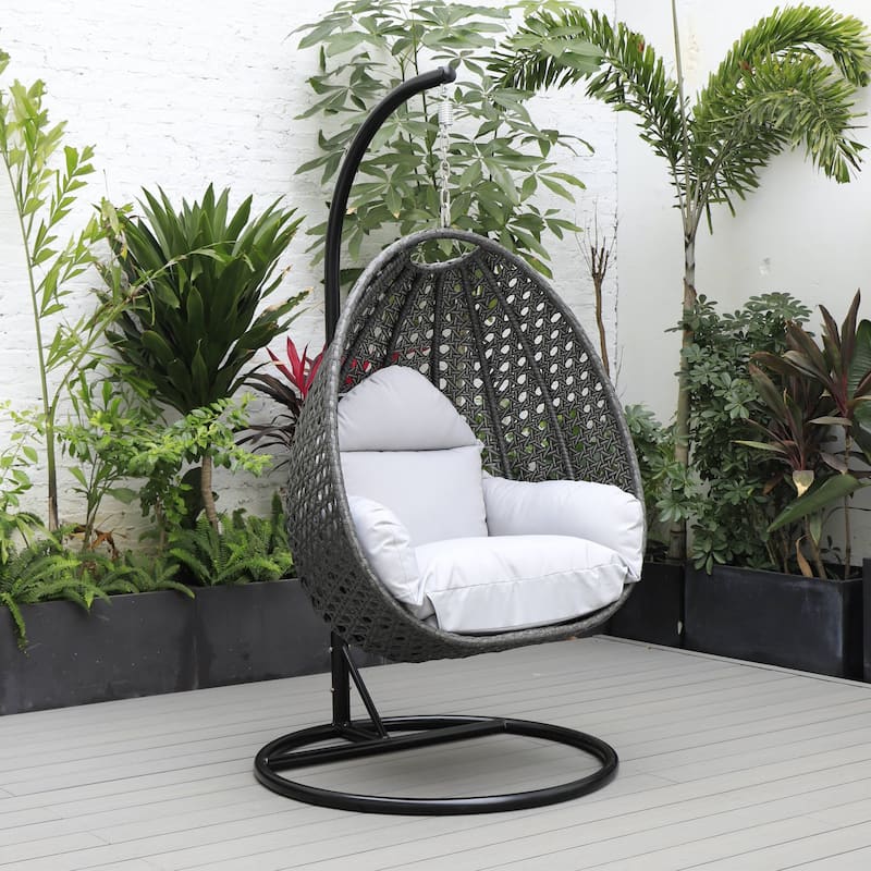 LeisureMod Charcoal Single Seater Rattan Wicker Egg Swing Hanging Chair for Indoor Outdoor Patio Porch Backyard Garden