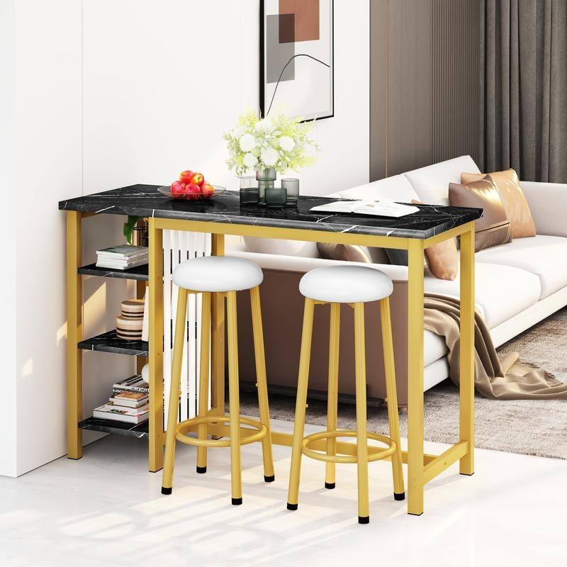 Grondin Modern Contemporary Faux Marble 3 Piece Bar Table Set with 2 Upholstered Stools and Extra Storage Shelves