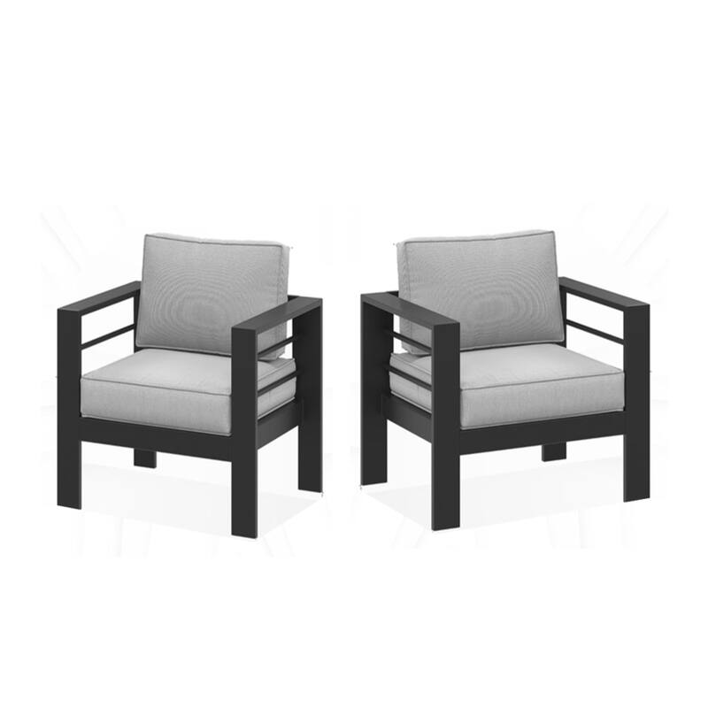 Set of 2 28" Metal Patio Armchairs with Thick Light Gray Cushions Black Frame