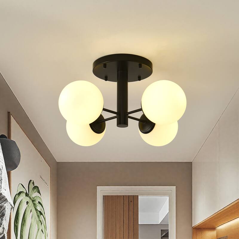 4 - Light Globe Black Metal Sputnik Semi Flush Mount Ceiling Light - Matte Black
