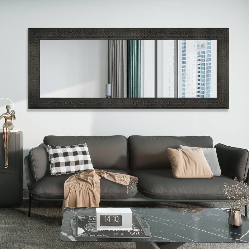 Faux Wooden Frame Rattan Farmhouse Style Rectangle Wall Mirror - 30"x70"Caning-B