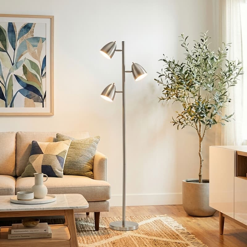 Brightech Jacob 64 in. Brushed Nickel Mid-Century Modern 3-Light Adjustable LED Floor Lamp with 3 Nickel Metal Cone Shades