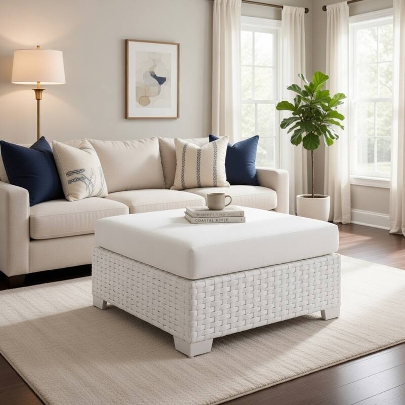 White Wicker Square Ottoman with Padded Seat Cushion