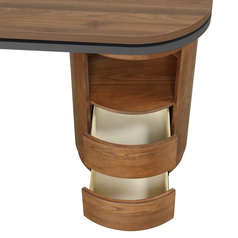 59"L Shaped Desk in Walnut with 2 Drawers,Open storage,360°Wood Rotating Desk,Executive Office Desk,Office Study Workstation