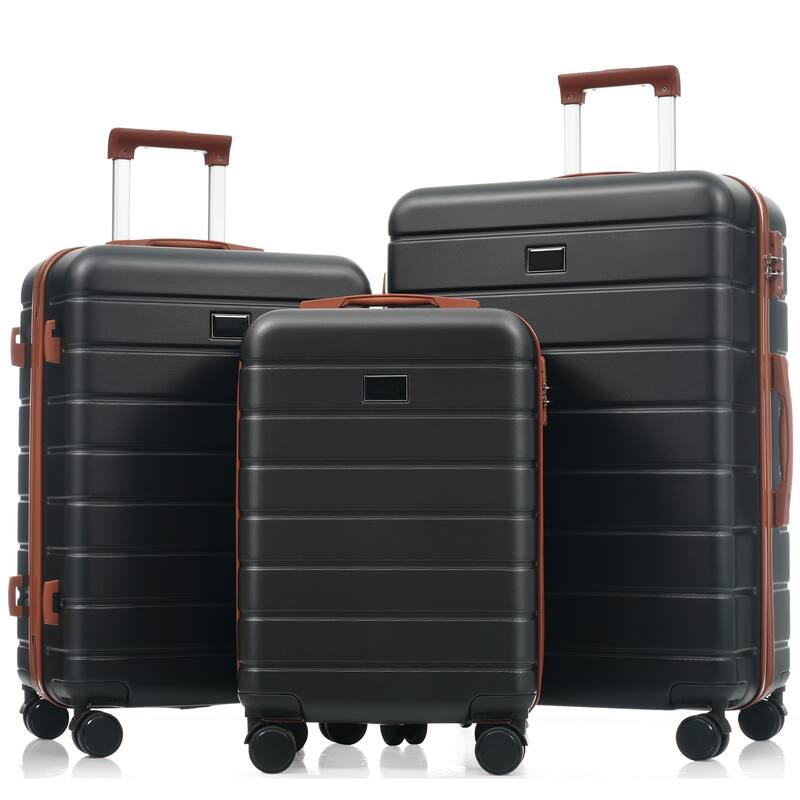3 Piece Premium ABS Luggage Set, 20/24/28" Hardside Suitcases with 360° Spinner Wheels and TSA Lock, for Men and Women Travel - Black+Brown