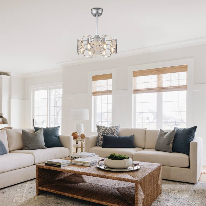 CurveCurio 20" Chandelier Ceiling Fan w Textured Glass Accent, 6 Lights Quiet DC Motor 6 Speed w Remote Control