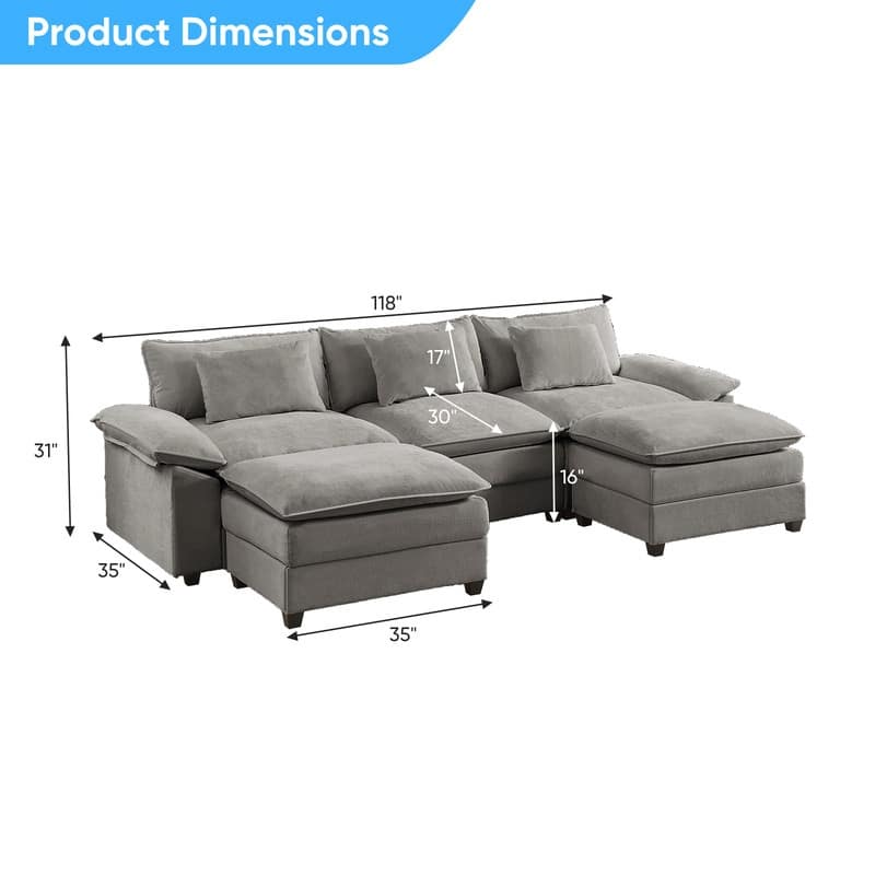 Modern 118'' U-Shaped Modular Sectional Sofa with 2 Ottomans, 5-Seat Cloud Couch, Modern Chenille Sofa Sleeper Deep Seat Couches