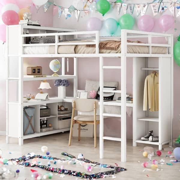 slide 2 of 8, Full Size Metal Loft Bed with Wardrobe and Desk