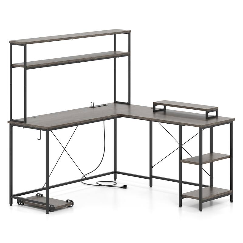 Engineered Wood L-Shaped Gaming Desk with LED Lights and Power Strip - Grey