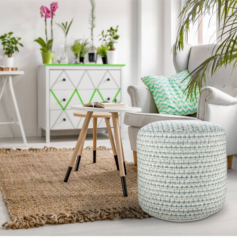 20" Blue and Green Interwoven Coastal Round Outdoor Patio Pouf Ottoman