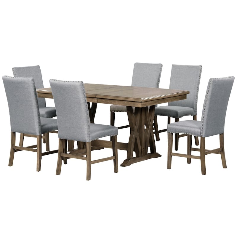 Roomfitters 7-Piece Extendable Dining Table Set, Mid-Century Solid Wood Kitchen Set with 12" Leaf and 6 Chairs, Gray