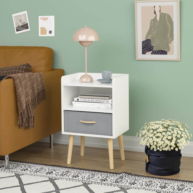 Modern Nightstand with Charging Station, LED Light and Fabric Drawers