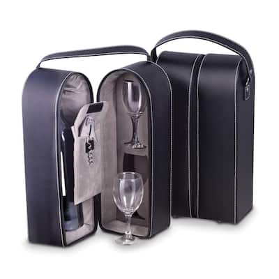 Curata Black Leather Wine Caddy with Two Glasses and Bar Tool