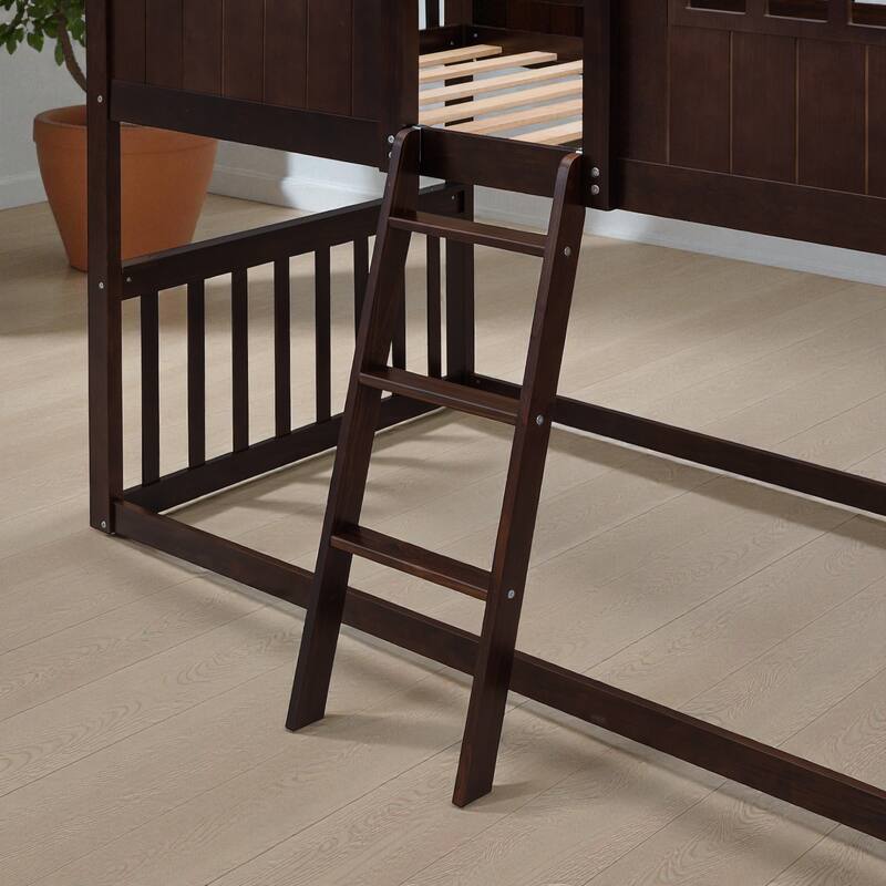 Twin Over Twin House Bunk Bed with Roof and Ladder, Solid Wood Frame, Playhouse Style Kids Bed, No Box Spring Needed