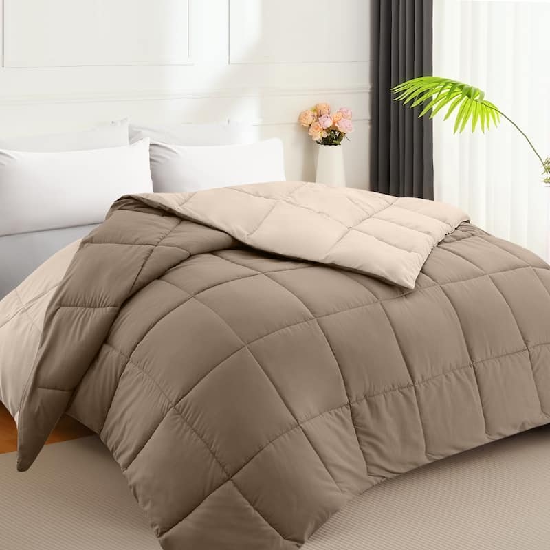 JEAREY Ultra-Lightweight Reversible All-Season Comforter, Cooling Down Alternative Duvet Inserts - Queen - Khaki & Beige