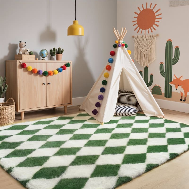 Mcow Diamond Check Collection High-Pile Machine-Washable Area Rug