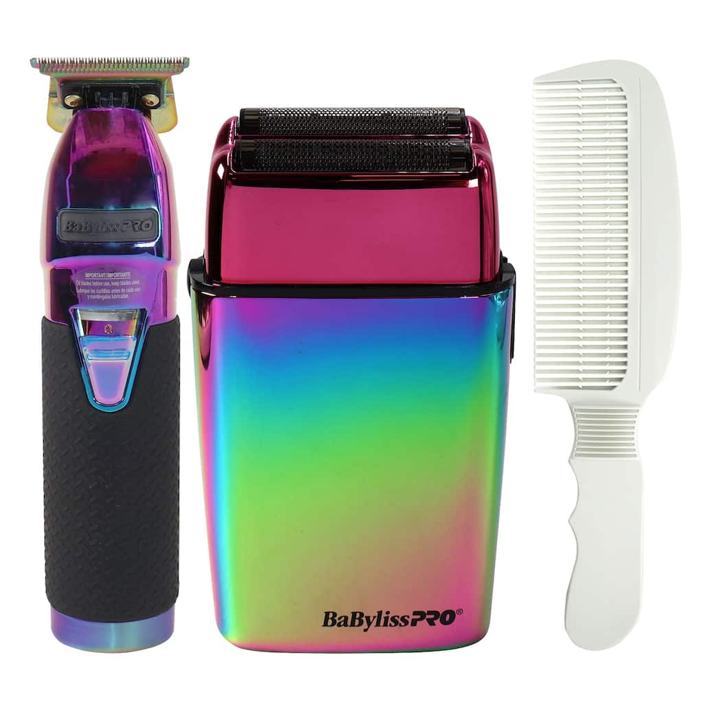 BaByliss Pro LIMITEDFX Collection Limited Edition Trimmer and Double Foil Shaver Irredescent #FXDUOFS2TRB + Flat Top Comb