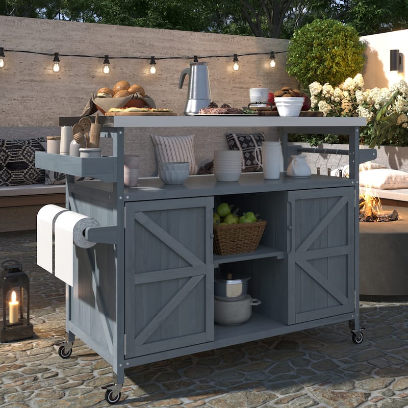 Farmhouse Outdoor Kitchen Island, Rolling Bar Cart & Storage Cabinet with Stainless Steel Top, Spice Rack & Towel Rack