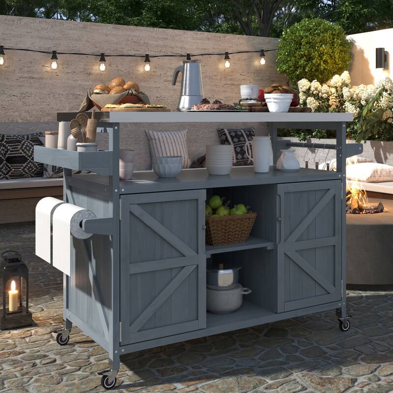 Outdoor Kitchen Island, Rolling Bar Cart & Storage Cabinet, Solid Wood Outdoor Grill Table with Stainless Steel Top