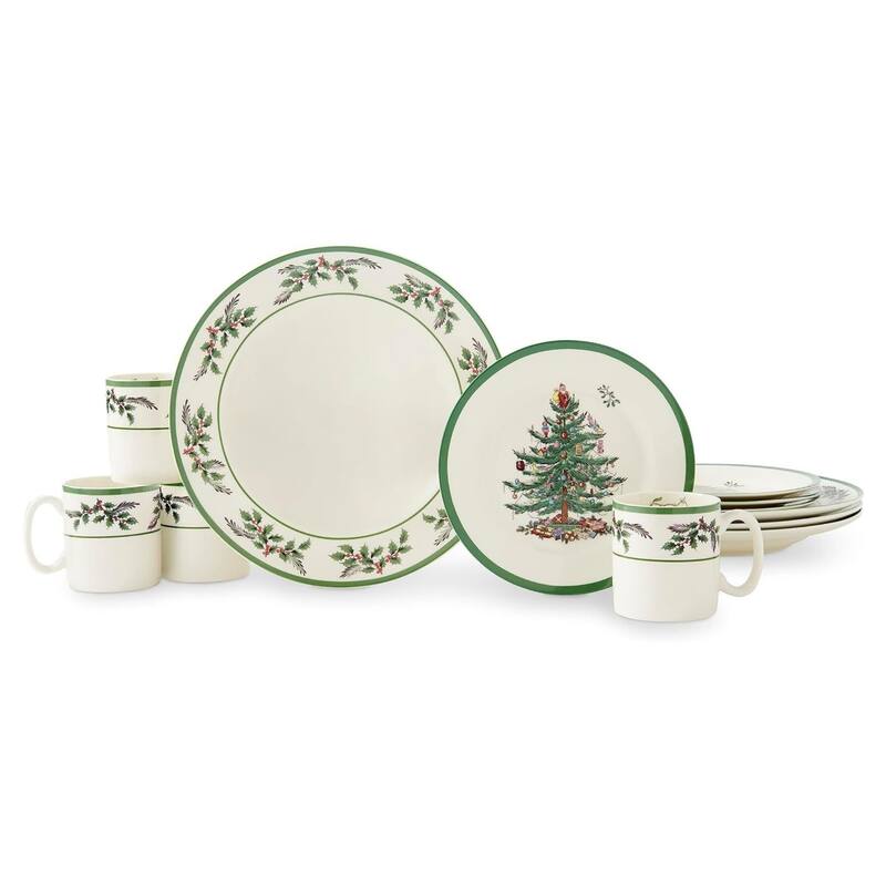 Spode Christmas Tree Holly Fine Earthenware 12-Piece Dinnerware Set - Multicolored - Service for 4 - 12 Piece