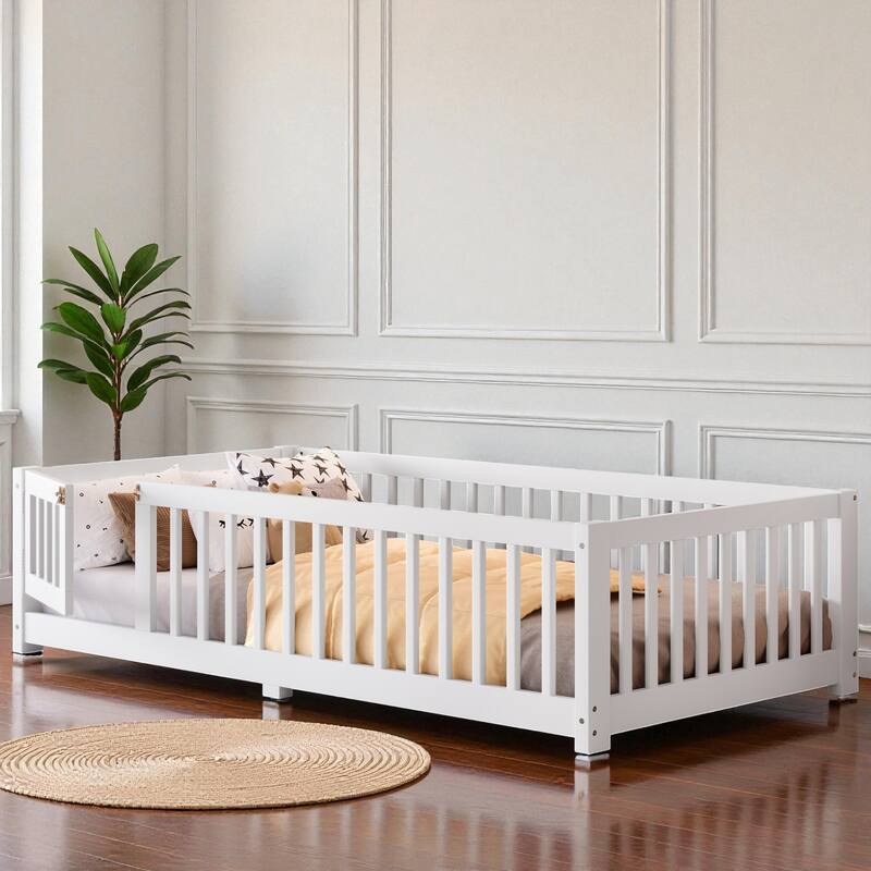 Twin/Full/Queen Size Wood Floor Bed with Door and Guardrails for Kids, Montessori Bed with Removable Slats