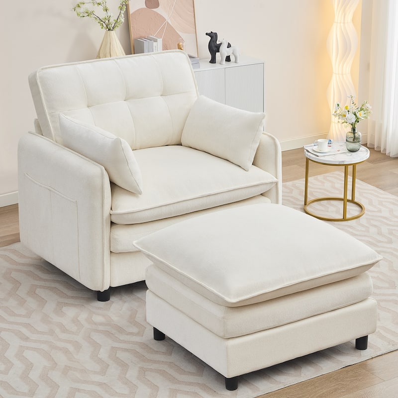 Upholstered Chenille Oversized Accent Armchairs with Ottoman and Side Pocket - Cream
